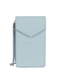 Light blue leather crossbody bag with a flap closure, textured exterior, silver chain strap, and embossed brand logo. Rectangular shape.