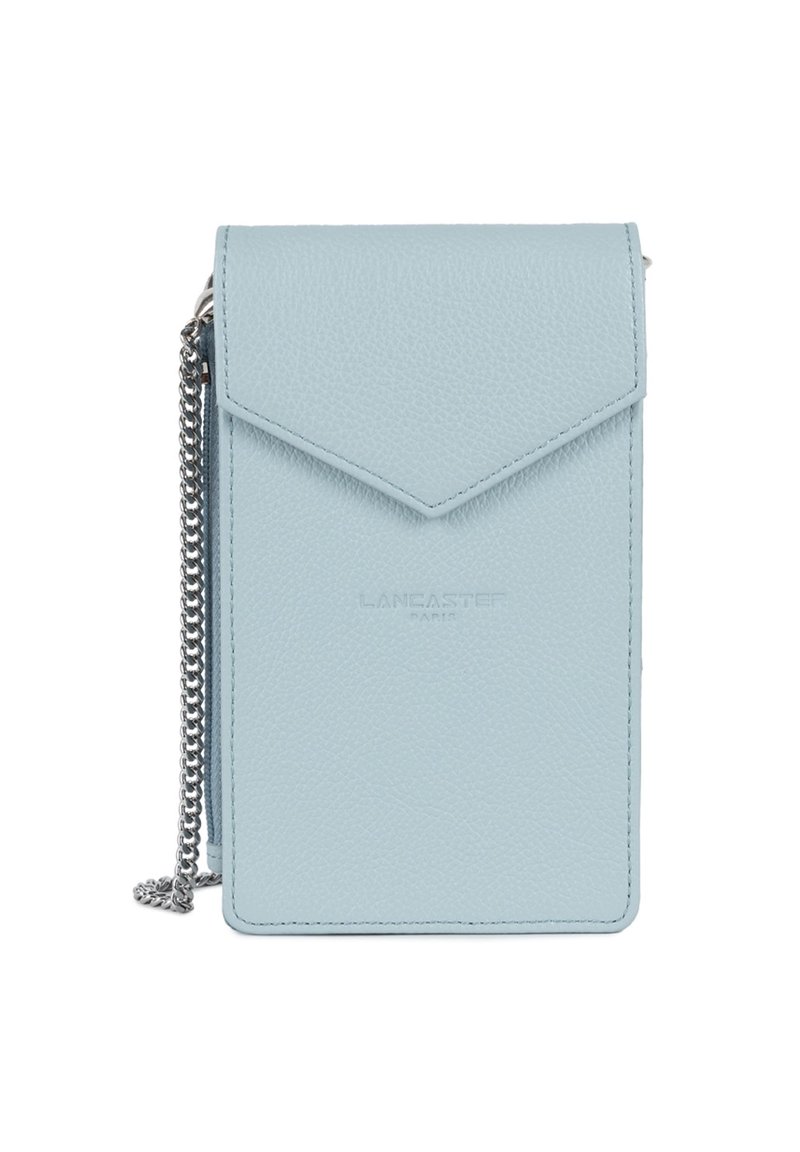 Light blue leather crossbody bag with a flap closure, textured exterior, silver chain strap, and embossed brand logo. Rectangular shape.