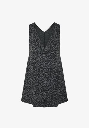 Zwarte mouwloze jurk met een V-hals, voorzien van een grijs bloemenpatroon. A-lijn vorm met knopen aan de voorkant, gemaakt van lichte stof.