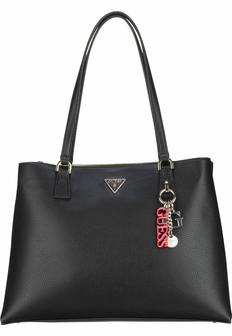 Sac tote en cuir noir à texture granuleuse avec des poignées doubles, une fermeture éclair et une plaque logo en argent. Il est orné d'un porte-clés charmant coloré.