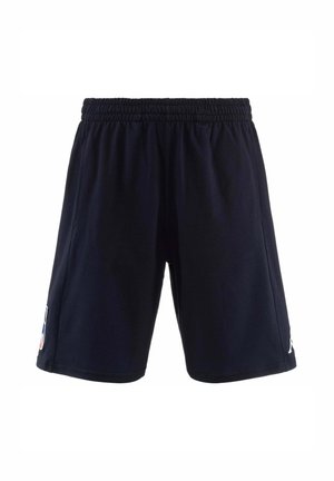 Pantaloni sportivi di colore blu navy con vita elasticizzata, texture liscia, tasche laterali e una toppa con logo sulla gamba sinistra.