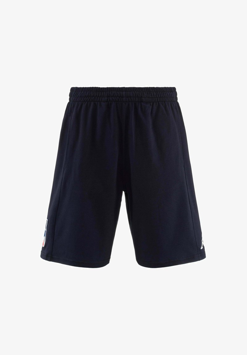 Pantaloni sportivi di colore blu navy con vita elasticizzata, texture liscia, tasche laterali e una toppa con logo sulla gamba sinistra.