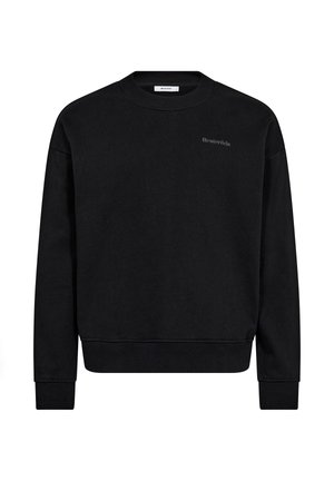 Sort sweatshirt lavet af en blanding af bomuldsstoffer, med en rund halsudskæring og ribbede ærmer, samt et diskret logo i mørk tryk på brystet.