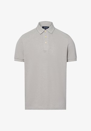 Graues Baumwoll-Polohemd mit Kragen, einer drei-Knopf-Leiste und kontrastierendem Besatz an den Ärmeln. Glatte Textur, lässiges Design.