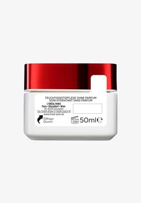 Fuktighetskräm i en vit behållare med ett skinande rött lock; 50 ml kapacitet, märkt "L'Oréal Paris", doftfri, 12 månaders hållbarhet.