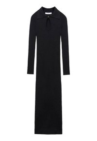 Robe noire en tricot avec des manches longues, un col et une ouverture en forme de gouttière au niveau du décolleté. Texture lisse, design longueur sol.