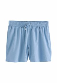 Pantaloni da bagno azzurri chiari realizzati in tessuto testurizzato. Vita elastica con cordino per regolazione. Presenta tasche laterali.