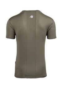 Olijfgroene shirt met korte mouwen, gemaakt van een gladde, elastische stof, met een mesh paneel op de rug en een klein logo bij de hals.