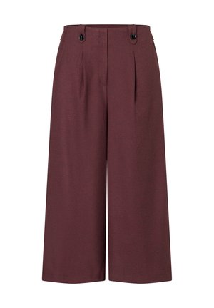 Bordeaux hoge taille breedpijpen met twee voorplooien en dubbele zwarte bovenknopen. Gladde textuur, enkel-lengte ontwerp.