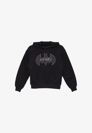 Sort hættetrøje med et Batgirl-logo i gittermønster i hvid og gul tekst på brystet, med lange ærmer og hætte.