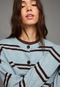 Cardigan tricotat albastru deschis cu dungi orizontale maro, decolteu rotund și închidere frontală cu trei nasturi. Textură moale și mâneci cu croială lejeră.