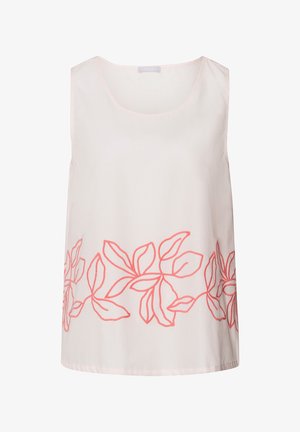 Ärmelloses Top aus hellrosa Stoff, mit einem korallenfarbenen Blumenmuster entlang des Saums. Glatte Textur, runder Ausschnitt, lockere Passform.