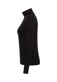 Schwarzer Rollkragenpullover mit langen Ärmeln, aus geripptem Stoff. Verfügt über eine figurbetonte Form und ein Design mit hohem Kragen. Einfach und nahtlos.