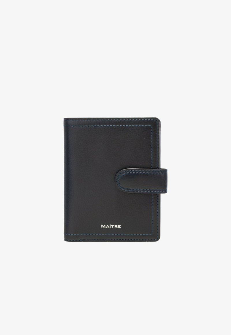 Portefeuille en cuir noir avec des coutures bleues, de forme rectangulaire, fermeture à clip et nom de la marque embossé en bas. Texture lisse.