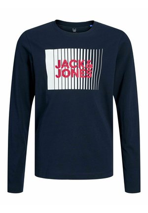 T-shirt à manches longues bleu marine en coton, avec un motif rectangulaire blanc comportant des rayures verticales et "JACK & JONES" en texte rouge gras.