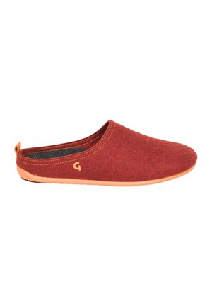 Red felt slip-on slipper with a curved shape and beige rubber sole. Features a gold embroidered logo and subtle stitching detail.