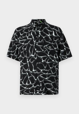 Short-sleeve black shirt with a white abstract pattern, button-up design, and a small embroidered logo on the chest pocket.