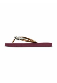 Mauve rubber teenslippers met een gestructureerde paarse voetbed en metallic bronzen banden met decoratieve rhinestone accenten.
