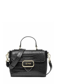 Czarna torebka z tłoczonym wzorem krokodyla, z złotym zapięciem, wyposażona w rączkę u góry i odpinany pasek na ramię.
