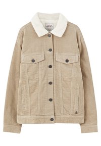 Veste en velours côtelé beige avec col en polaire blanche, fermeture à boutons sur le devant, deux poches poitrine à rabat et poches latérales pour les mains.