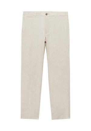 Beige linen trousers with a straight-leg design, front pockets, and a button closure. Texture appears smooth and lightweight.
