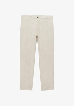 Beige linnen broek met een rechte pijpdesign, voorzakken en een knoopsluiting. De structuur lijkt soepel en licht van gewicht.