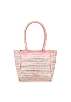 Sac cabas rose tissé avec deux longues anses, forme structurée, et petite étiquette de marque rectangulaire au centre avant.