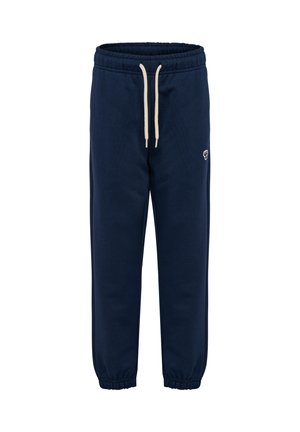 Marineblå sweatpants lavet af blødt stof, med elastisk talje og snøre, manchetter forneden og en lille logoaccent.
