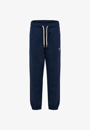 Navyblaue Sweatpants aus weichem Material, mit einem elastischen Bund mit Kordelzug, gerippten Säumen und einem kleinen Logo-Highlight.