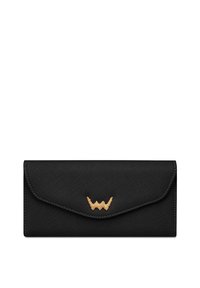 Black textured clutch wallet with a flap closure, featuring a gold accent on the front. Smooth finish, rectangular shape, compact design.