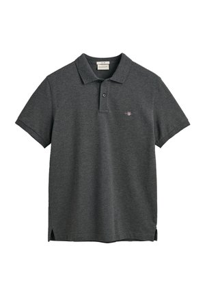 Polo shirt grigio scuro in cotone, con colletto classico, maniche corte e spacchi laterali. Include un piccolo logo ricamato.