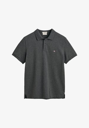 Polo shirt grigio scuro in cotone, con colletto classico, maniche corte e spacchi laterali. Include un piccolo logo ricamato.