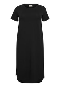 Vestido de camiseta negro de manga corta con cuello redondo, corte recto y aberturas laterales, hecho de una tela suave y lisa.