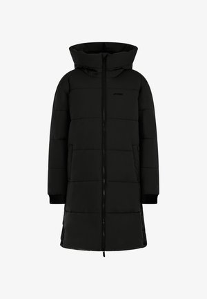 Zwarte pufferjas met een ritsluiting, zijzakken en een capuchon. Gemaakt van een gladde, lichte stof met een gewatteerd ontwerp.