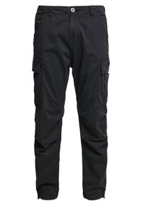 Sorte cargo-bukser lavet af bomuld, med flere sidelommer, en knaplukning og et afslappet fit med tapered ben.