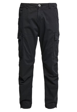 Pantalones cargo negros de algodón, con múltiples bolsillos laterales, cierre de botón y un ajuste relajado con piernas ajustadas.