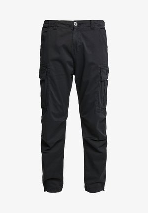 Černé cargo kalhoty vyrobené z bavlny, s několika bočními kapsami, zapínáním na knoflík a volným střihem se zúženými nohavicemi.