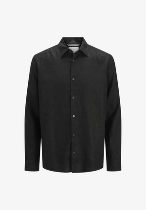 Camicia nera a maniche lunghe in lino, con chiusura a bottoni sul davanti, colletto a punte e polsini con chiusura a bottone. Texture liscia.