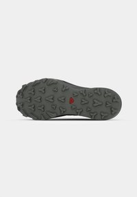 Trail schoenzool gemaakt van robuust grijs rubber met diepe noppen voor grip en een rode accentdetail nabij het midden.