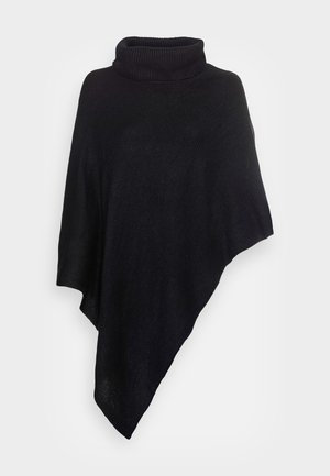 Zwarte gebreide poncho met een hoge turtleneck en asymmetrische zoom. Zachte textuur en ribbelontwerp verhogen de warmte en het comfort.