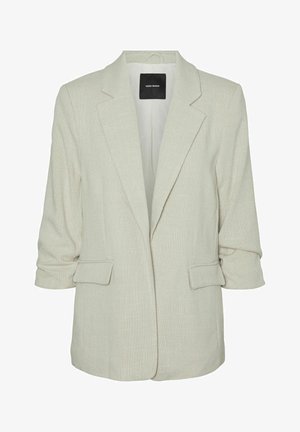 Beige strukturierter Blazer mit Reverskragen, dreiviertellangen aufgerollten Ärmeln, zwei vorderen Taschen und strukturiertem Gewebe. Schwarzes innenliegendes Etikett sichtbar.