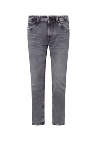 Jeans de mezclilla gris con un ajuste slim, diseño de cinco bolsillos, ligero desgaste y cierre de botón en la cinturilla. Desvanecimiento sutil en toda la prenda.