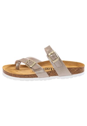 Metallic taupe Riemchensandale mit zwei verstellbaren Riemen und einer dekorativen Schnalle, Korkfußbett und weißer Gummisohle.