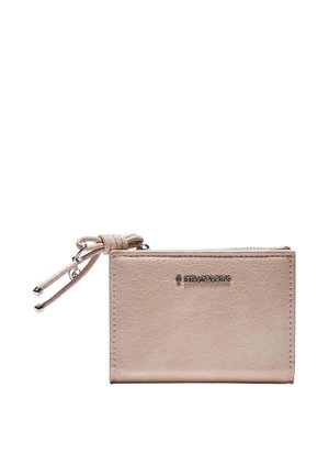 Beige læderpung fra Stradivarius med lynlås og håndledsrem bundet i en sløjfe, med synlige sting langs kanterne.