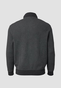Dark gray sweater featuring a textured pattern, a high collar, ribbed cuffs, and a waistband. Designed for a relaxed fit.