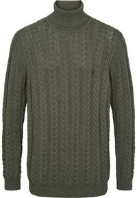 Olivgrön kabelstickad polotröja med ribbade muddar och nederkant, tillverkad av textil med en detaljerad mönstring.