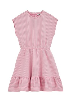 Rosa-weiß gestreiftes, kurzärmeliges Kleid mit vertikalen Streifen, geraffter Taille und gerüschtem Saum, mit Knopfverschluss am hinteren Halsausschnitt.