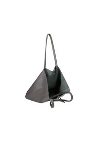 Grå læder tote bag med trekantet form, glat overflade og blødt indvendigt foder. Har lange håndtag og et minimalistisk design.
