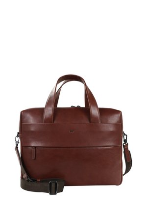 Braune Leder-Laptoptasche mit zwei oberen Griffen, einem abnehmbaren Schultergurt, einer Vorderseite mit Reißverschluss, glatter Textur und minimalem Branding.