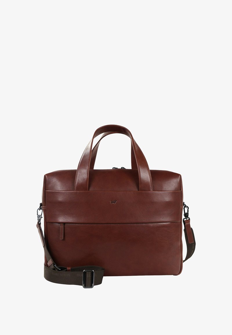 Braune Leder-Laptoptasche mit zwei oberen Griffen, einem abnehmbaren Schultergurt, einer Vorderseite mit Reißverschluss, glatter Textur und minimalem Branding.